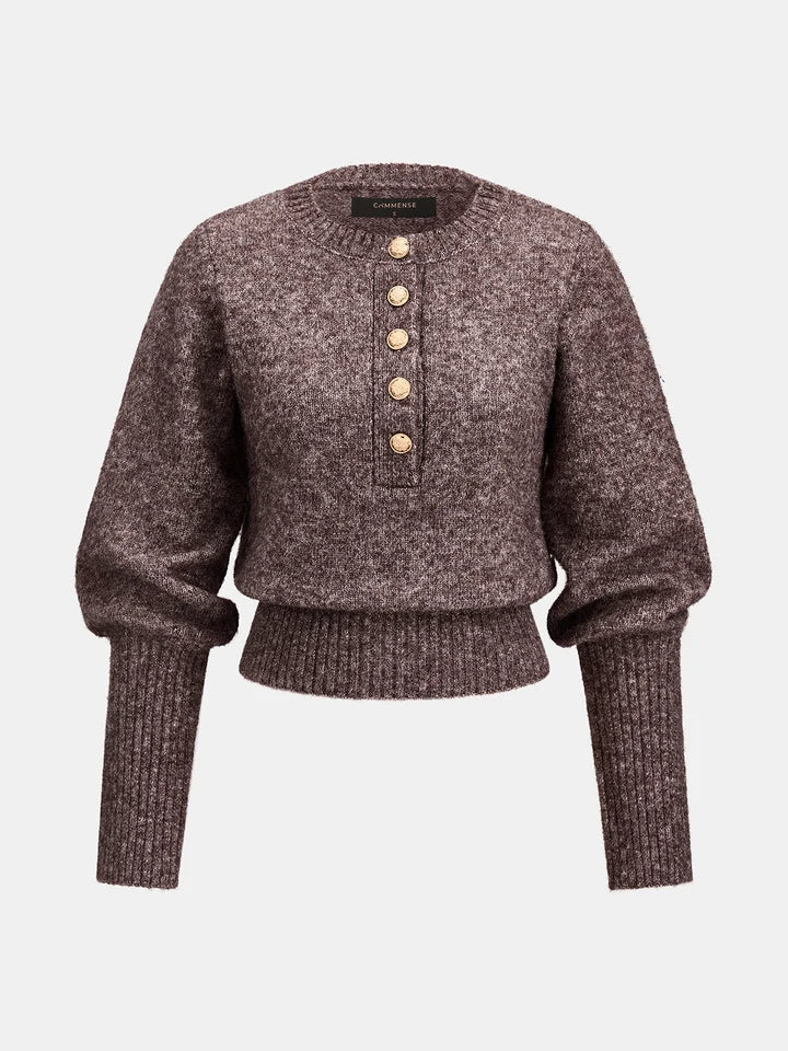 Violeta | Jersey mezcla de lana con cuello Henley y tejido jaspeado