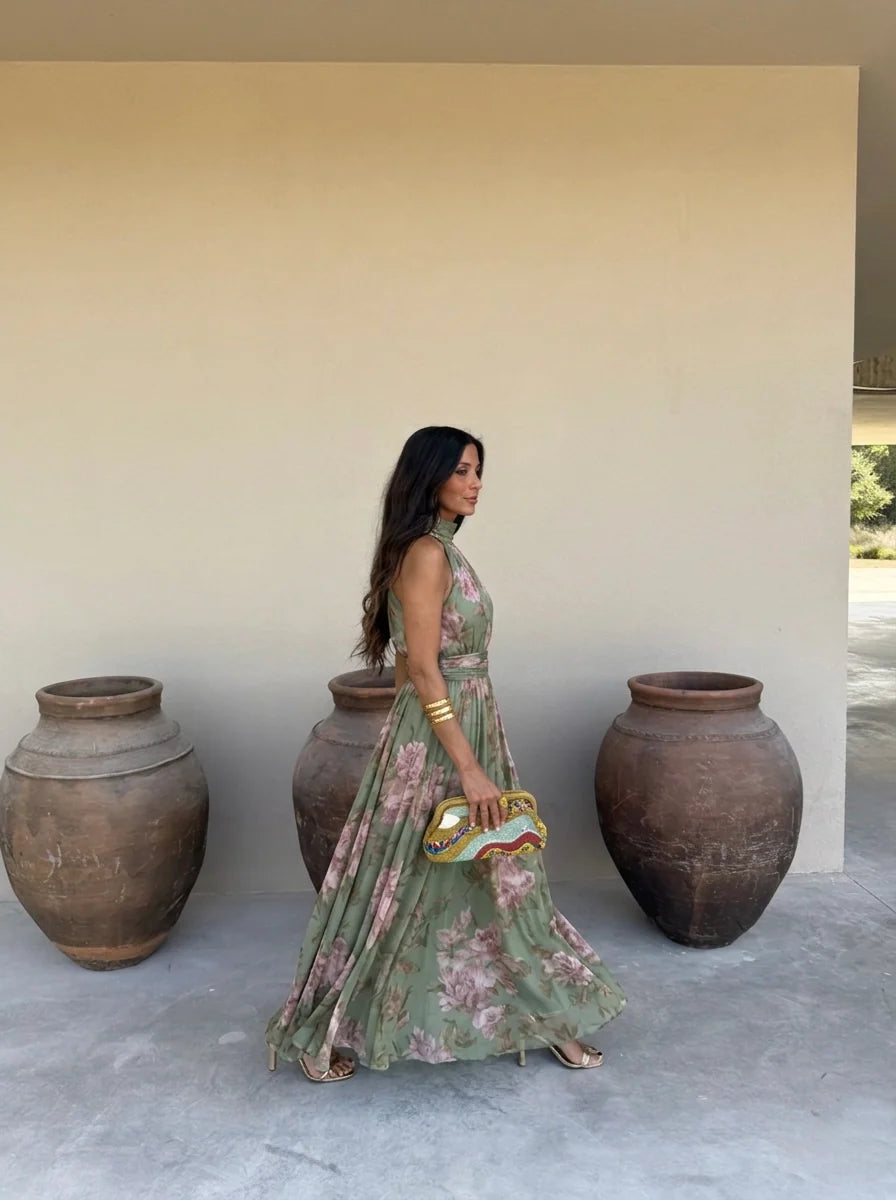 Lidia | Vestido largo floral con cuello halter