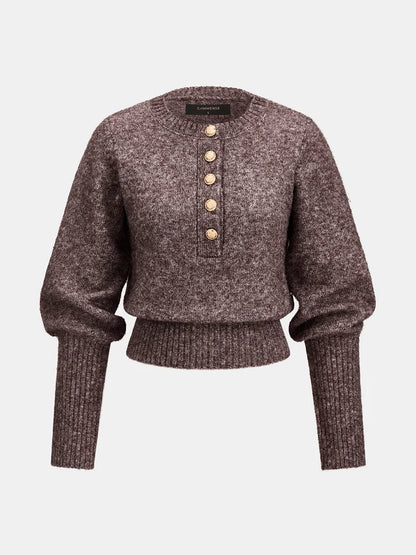 Violeta | Jersey mezcla de lana con cuello Henley y tejido jaspeado