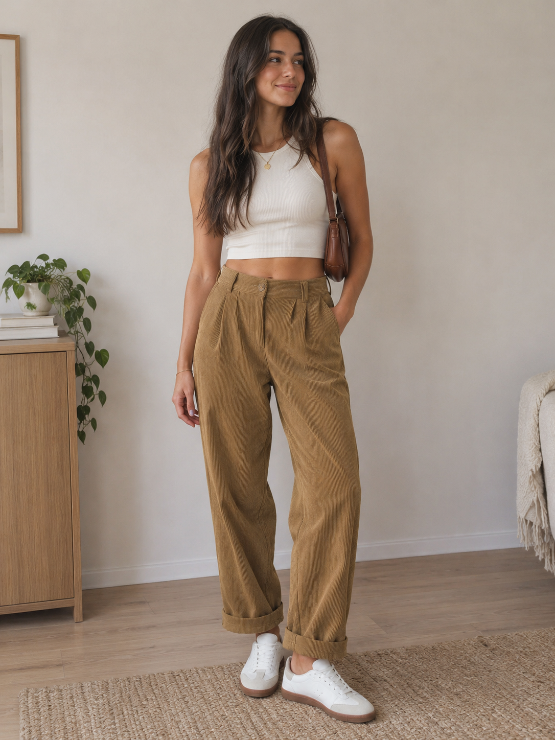 Daniela | Pantalones informales de pana de talle medio con bolsillos de cremallera