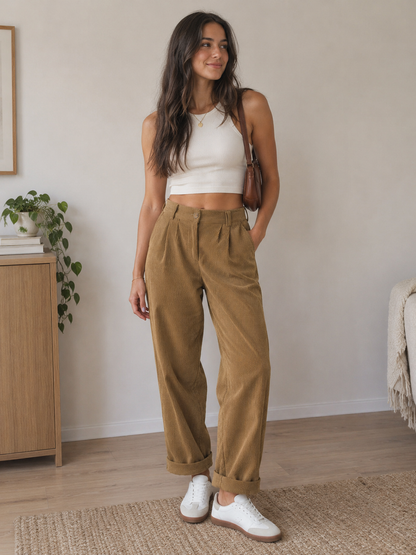 Daniela | Pantalones informales de pana de talle medio con bolsillos de cremallera