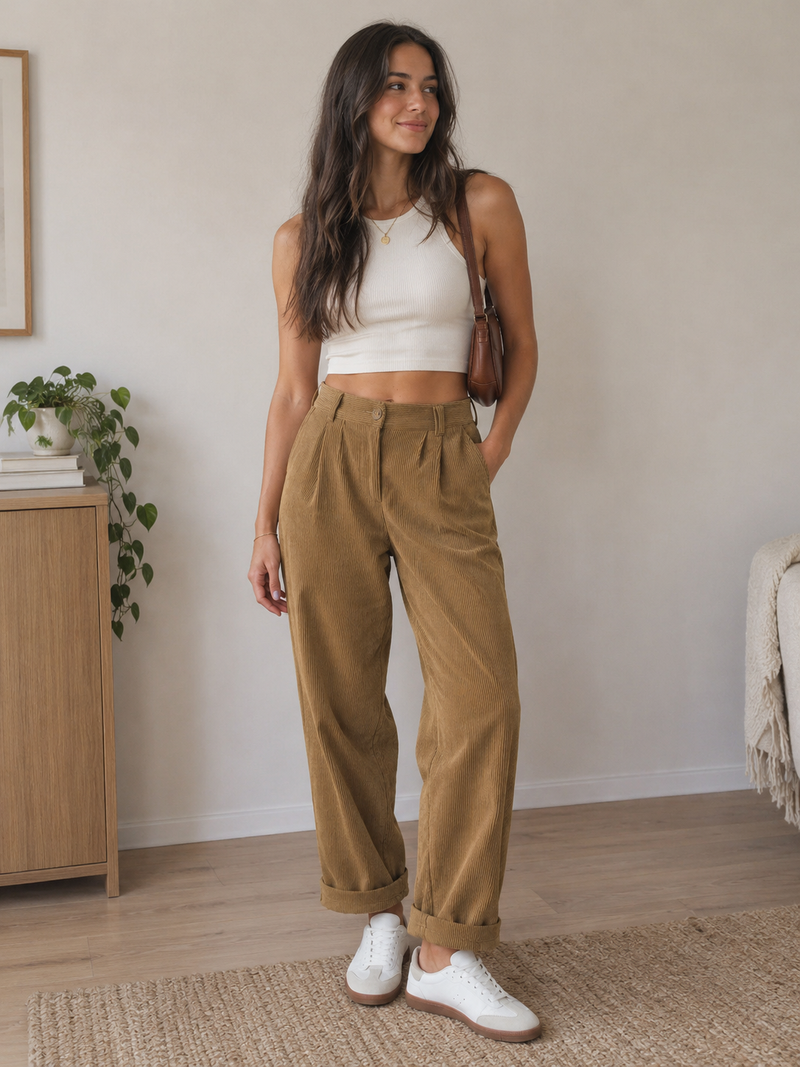 Daniela | Pantalones informales de pana de talle medio con bolsillos de cremallera