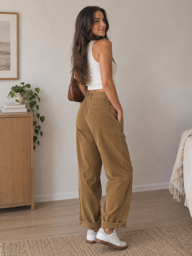 Daniela | Pantalones informales de pana de talle medio con bolsillos de cremallera