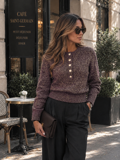 Violeta | Jersey mezcla de lana con cuello Henley y tejido jaspeado