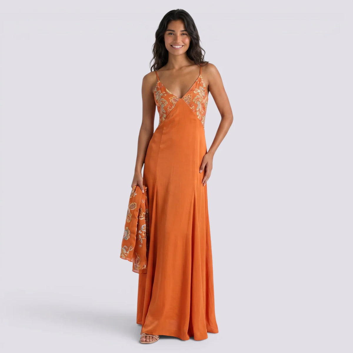 Elena | Vestido largo mujer floral satinado de tirantes